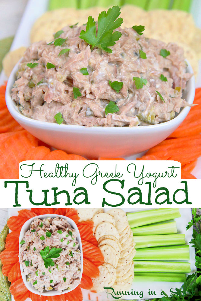 Healthy 3 Ingredient Greek Yogurt Tuna Salad recipe. A clean eating, fast meal or snack. An easy twist on the Southern favorite with greek yogurt, with relish and no mayo. Diet friendly! / Running in a Skirt via @juliewunder