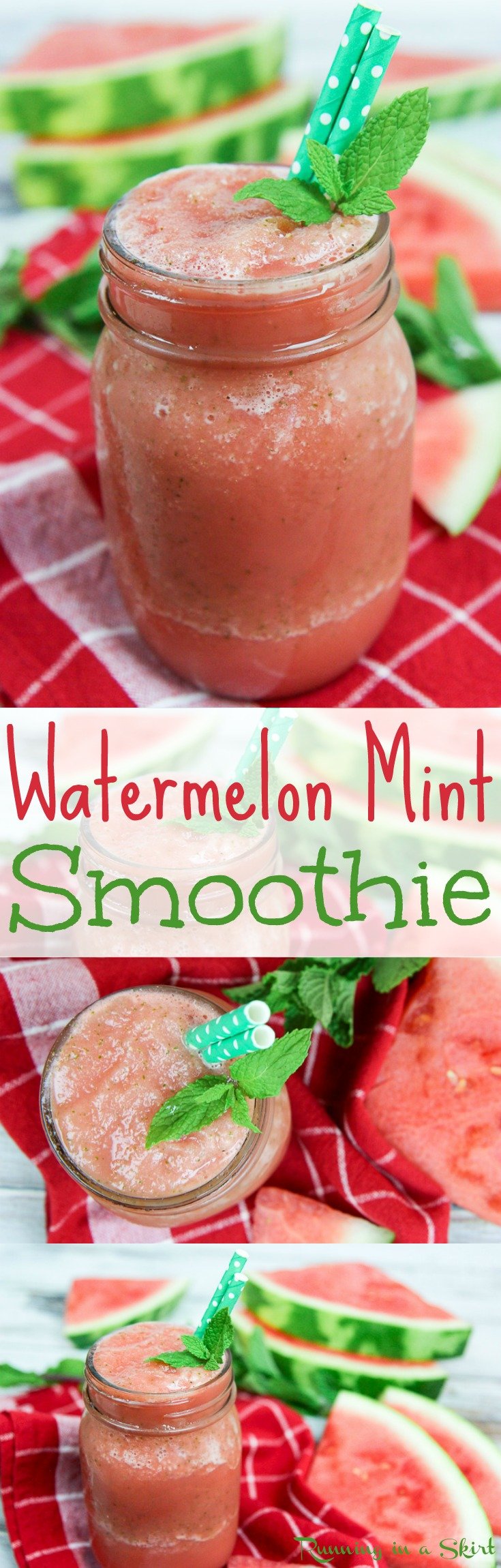 Healthy Watermelon Mint Smoothie recipe! A hydrating and refreshing idea for summer drinks. An easy, simple, vegan, gluten free, and clean eating watermelon smoothie drink. Perfect for summer mornings, snacks or after working out! / Running in a Skirt via @juliewunder