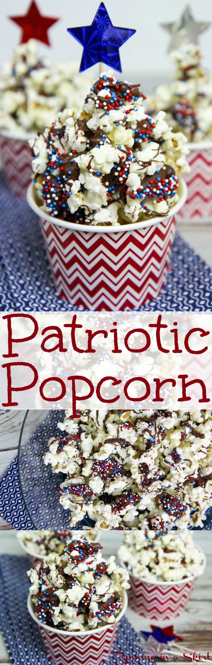 3 Ingredient Dark Chocolate Patriotic Popcorn recipe. A fun red, white and blue food idea for 4th of July. The perfect semi healthy holiday treat. Easy DIY make ahead for kids or for a crowd. Simple, inexpensive, creative and cute for movie night or an edible gift! / Running in a Skirt via @juliewunder