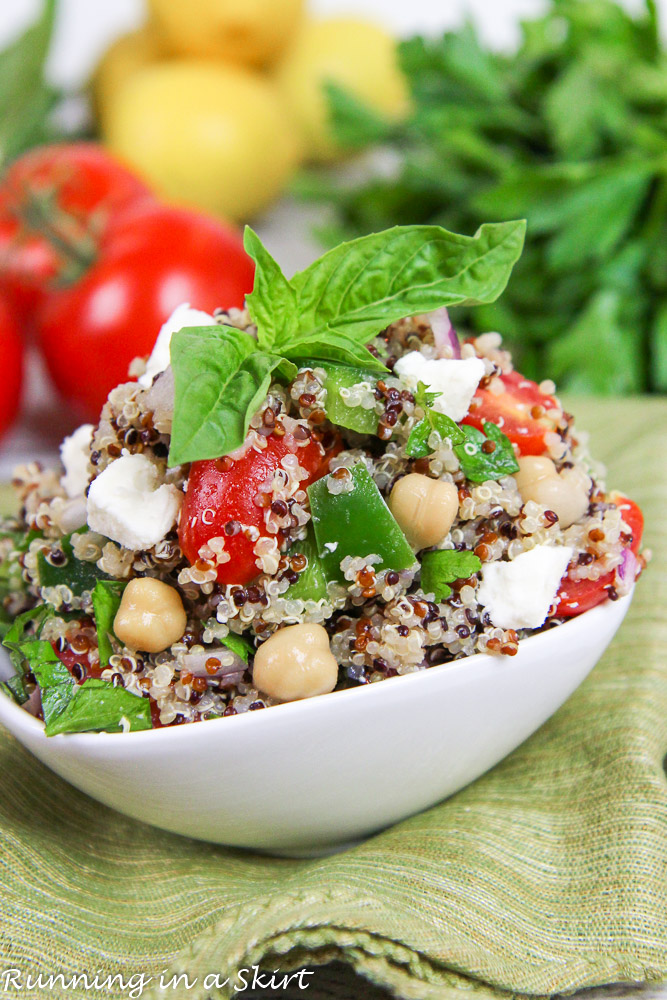 Mediterranean Quinoa Salad with basil on top.