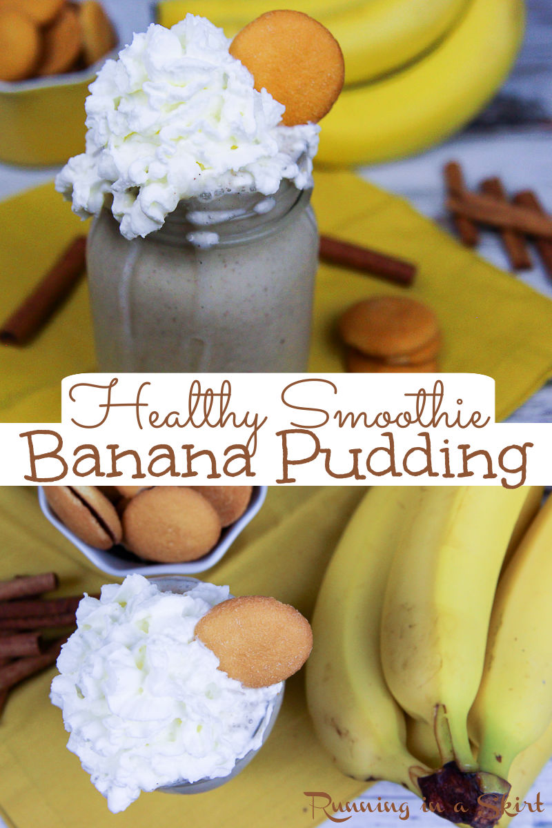 Healthy Banana Pudding Smoothie recipe. A fun breakfast or snack for your blenders. Includes greek yogurt and fruit but no added sugar. Clean eating & vegetarian / Running in a Skirt via @juliewunder