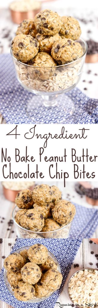 4 Ingredient Healthy No Bake Peanut Butter Bites recipe with Chocolate Chips! Perfect for healthy snacks or a sweet treat without the guilt. With chia seeds! Dairy free, gluten free, vegan friendly, vegetarian and no added sugar. / Running in a Skirt