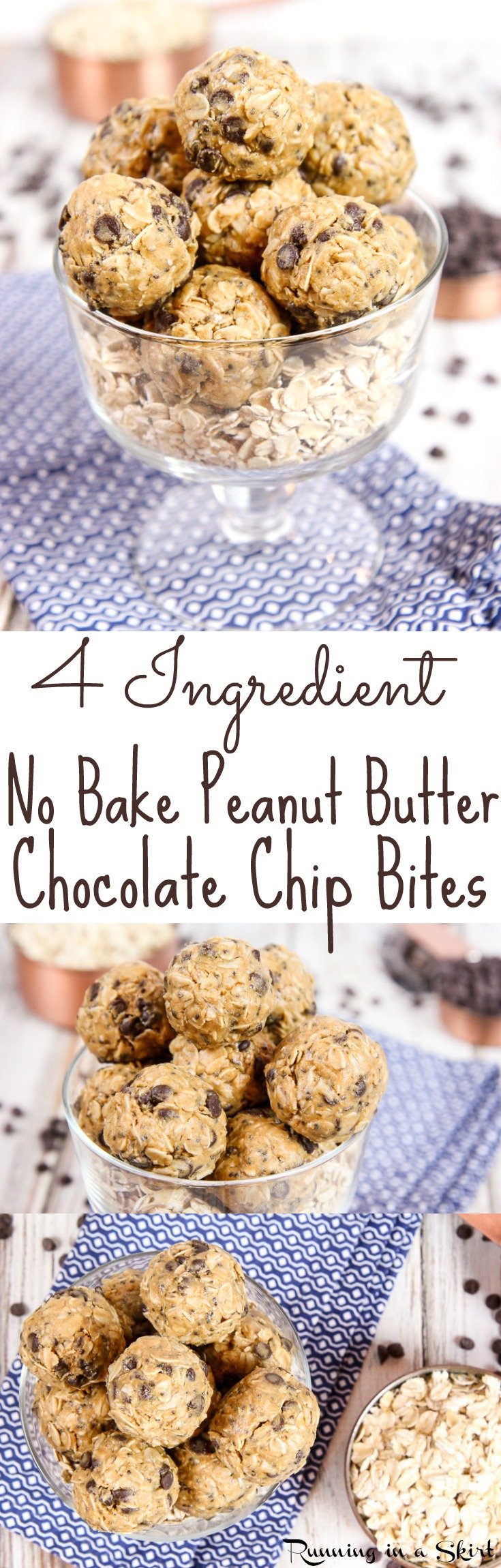 4 Ingredient Healthy No Bake Peanut Butter Bites recipe with Chocolate Chips! Perfect for healthy snacks or a sweet treat without the guilt. With chia seeds! Dairy free, gluten free, vegan friendly, vegetarian and no added sugar. / Running in a Skirt via @juliewunder