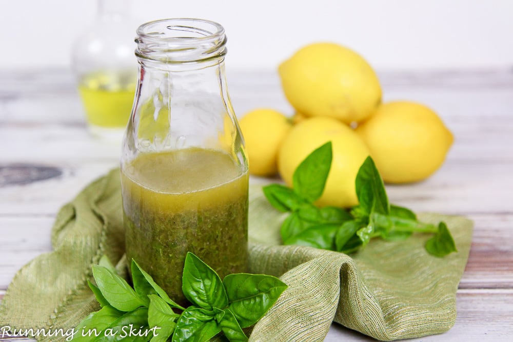 Lemon Basil Vinaigrette Salad Dressing in a bottle.