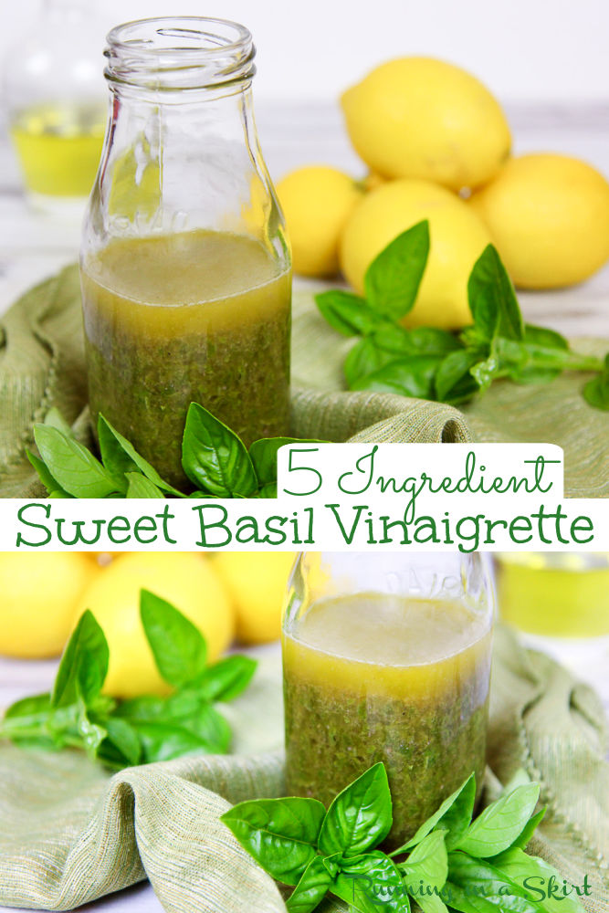 Healthy Fresh Lemon Basil Salad Dressing recipe. Homemade with only 5 ingredients! This simple vinaigrette recipe will be your go-to for salads, lunches, dinners or bowls with veggies like buddha bowls. Uses olive oils and red wines vinegar. Vegetarian, Vegan, Gluten Free/ Running in a Skirt via @juliewunder