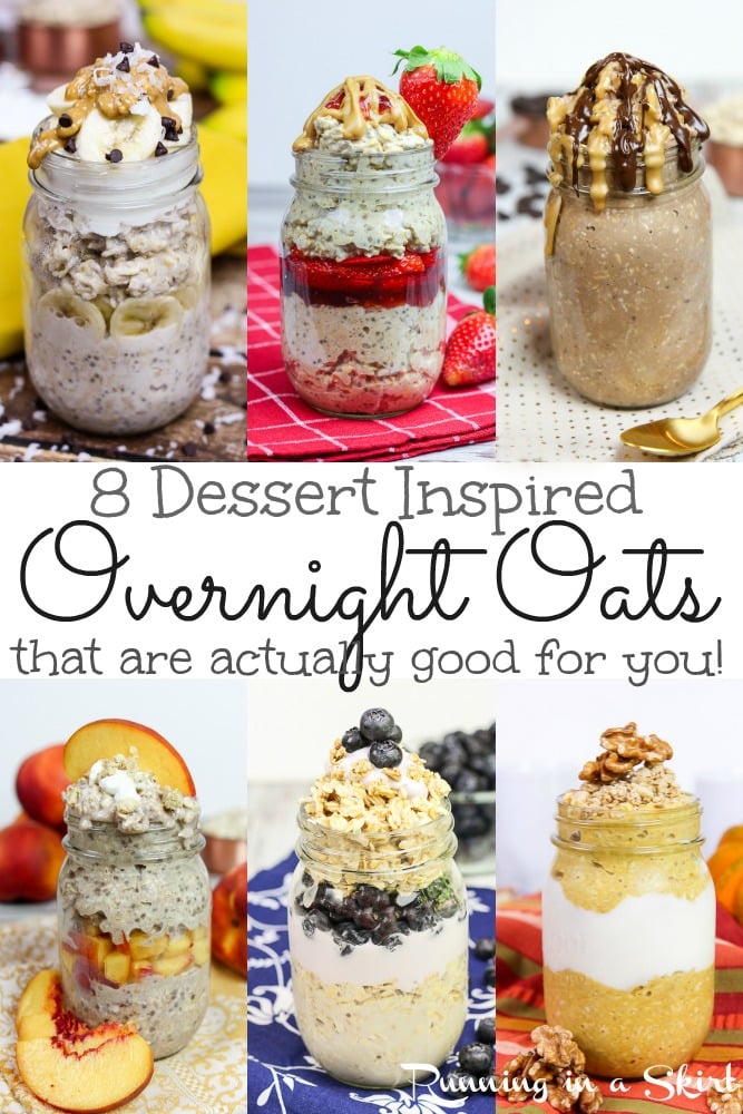 8 Healthy Overnight Oats Recipes in a Jar - healthy, clean eating overnight oatmeal filled with peanut butter, fruit, and with chia seeds. Includes how to make instructions and tips. Flavors like Chunky Monkey Overnight Oats, Peanut Butter Cup Overnight Oats, Apple Pie, Peach Cobbler Overnight Oats, and Blueberry Pie Overnight Oats. / Running in a Skirt #overnightoats #healthy #cleaneating #breakfast #healthyliving via @juliewunder