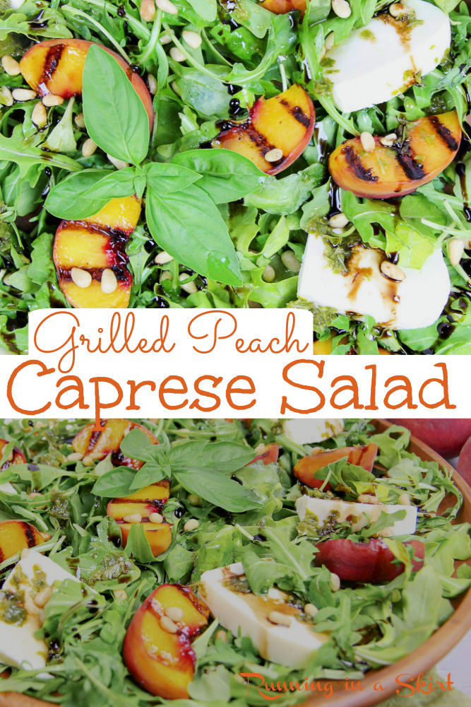 Grilled Peach Salad Recipe - The Best Grilled Peach Caprese Salad with grilled peaches, fresh mozzarella, basil, pine nuts, balsamic glaze and with arugula. Looking for healthy summer salad recipes with fruit? This is it! Includes the perfect Peach Salad Dressing. Clean Eating, Vegetarian, Low Calorie, Low Carb / Running in a Skirt #healthy #peachrecipe #peaches #grilling #vegetarian #caprese via @juliewunder