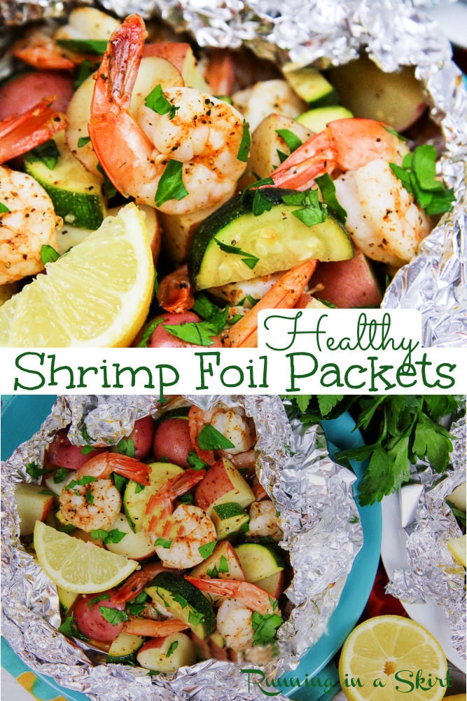 Healthy Low Country Boil Style Foil Packet Shrimp. No butter only olive oils, Old Bay & lemon! Pescatarian version uses zucchini instead of sausage - a complete meal or dinner with vegetables. Even fun for camping recipes. Grill or oven bake! Gluten free / Running in a Skirt via @juliewunder