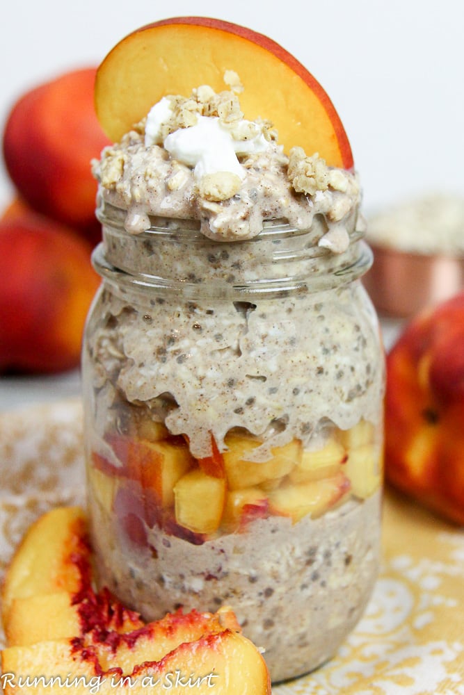 Healthy Peach Overnight Oats with peaches in a the background.