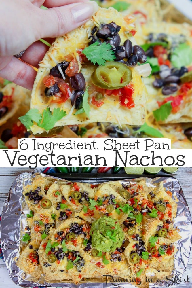 Sheet Pan Vegetarian Nachos - only 6 Ingredients. This easy vegetarian nachos recipe is THE BEST with healthy swaps, dip, beans, guacamole and pico de gallo. It's homemade / DIY, loaded, fresh and delicious. Topped with Mexican favorites. / Running in a Skirt #nachos #vegetarian #healthy #recipe #mexicanfood via @juliewunder