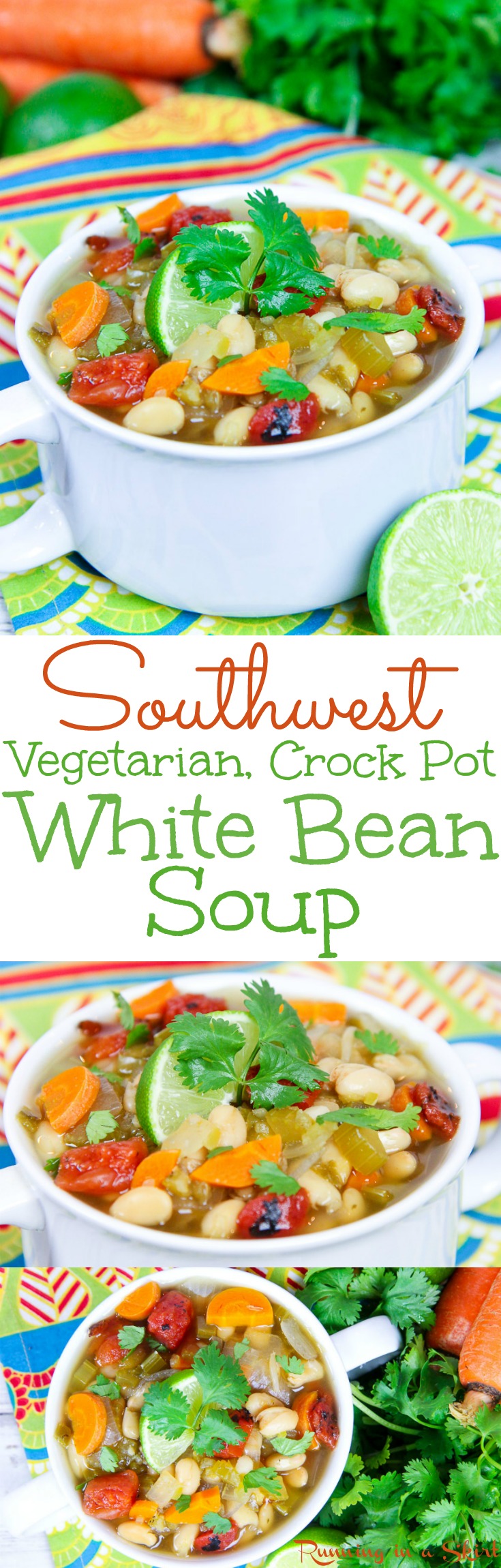 Crock Pot Southwest Vegetarian White Bean Soup recipe. Healthy, meatless and packed with veggies for the perfect vegan comfort foods. Uses salsa. Easy, simple and made in the slow cooker! Gluten free / Running in a Skirt via @juliewunder