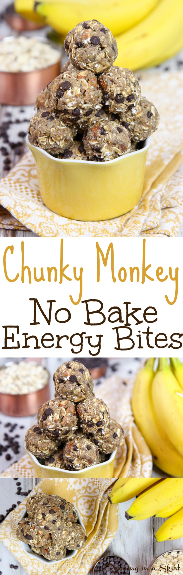 Chunky Monkey Healthy No Bake Energy Bites recipe. Easy, clean eating and perfect for quick snacks Uses banana, dates, chocolate, almonds and without peanut butter. Vegetarian, Vegan & Gluten Free friendly / Running in a Skirt via @juliewunder