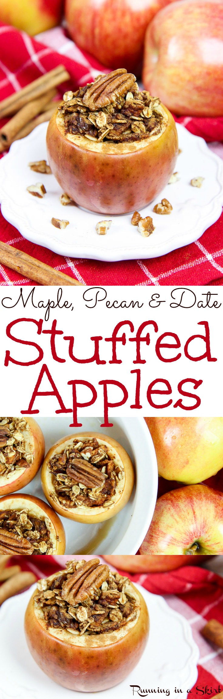 The Best Healthy Stuffed Apple recipe - Maple, Pecan and Date Stuffed Apples...baked to perfection! An easy dessert stuffed with oatmeal and cinnamon, Vegan, low carb, gluten free friendly and vegetarian. Tastes like an apple crisp without the crust! Perfect for fall treats. / Running in a Skirt via @juliewunder