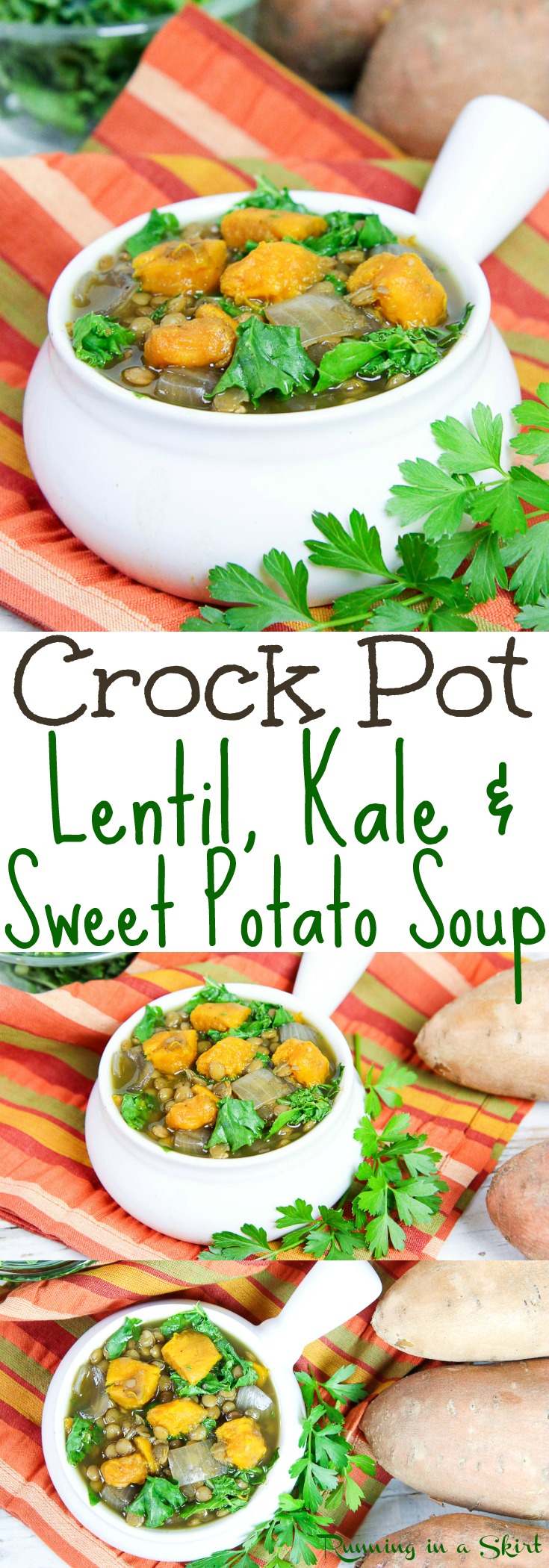 Crock Pot Lentil Sweet Potato Soup recipe- a perfect healthy & simple meal for the slow cooker. Packed with other veggies like kale... perfect food for families. Look no further for tasty vegan recipes! / Running in a Skirt via @juliewunder