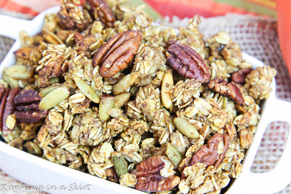 Close up of Pumpkin Granola in a white dish.