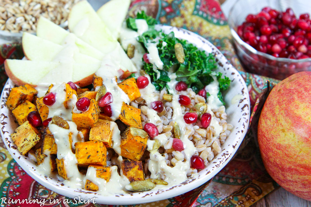 Photo showing how to assemble the Harvest bowl recipe.