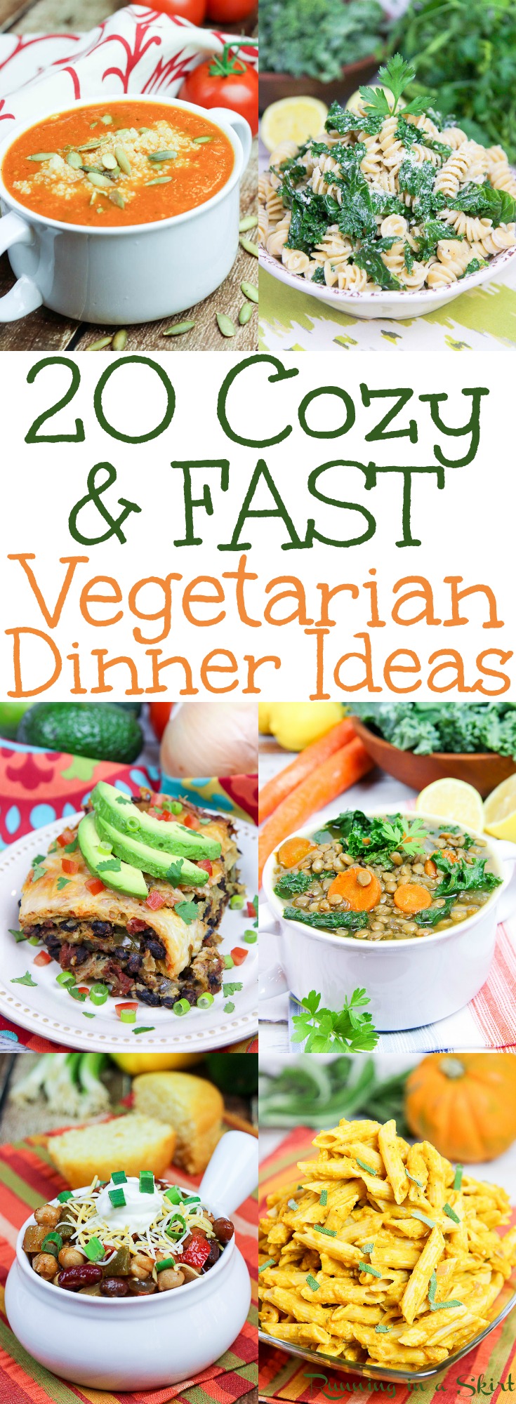 20 Cozy, Quick, Healthy & Hearty Vegetarian Dinner Ideas. These are delicious 30 minute or less recipes or CrockPot / Slow Cooker meals. Includes a Lentil Soup, Tomato Quinoa Soup, Kale Whole Wheat Pasta and Crock Pot Enchilada Casserole. Simple, clean eating meals without meat! Includes vegan, low carb and gluten free options. Hearty enough for meat eaters and vegetarians alike. / Running in a Skirt via @juliewunder