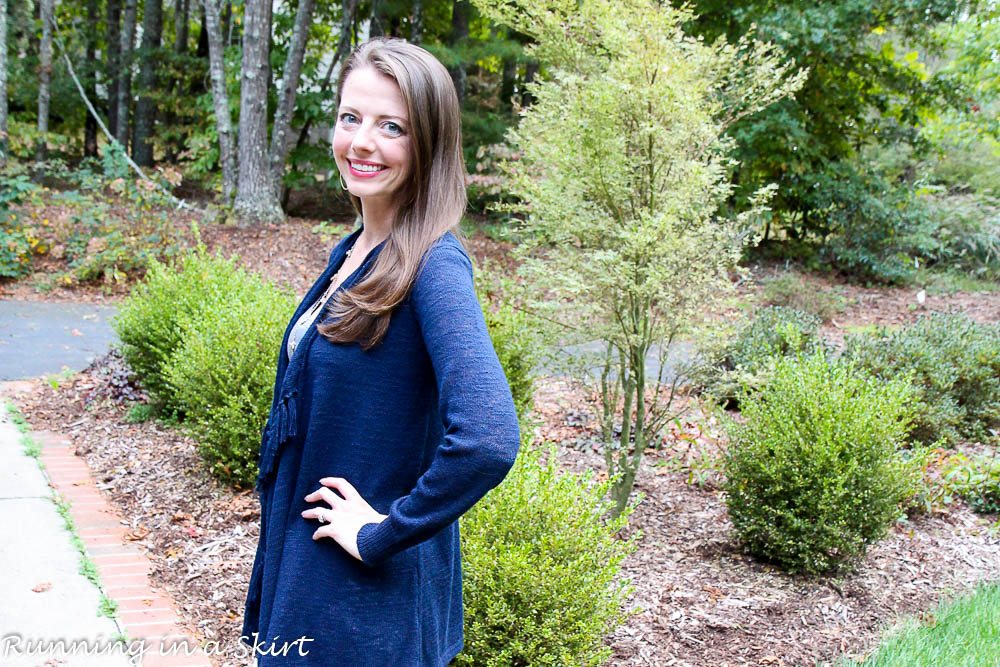 Navy Fringe Sweater / Running in a Skirt