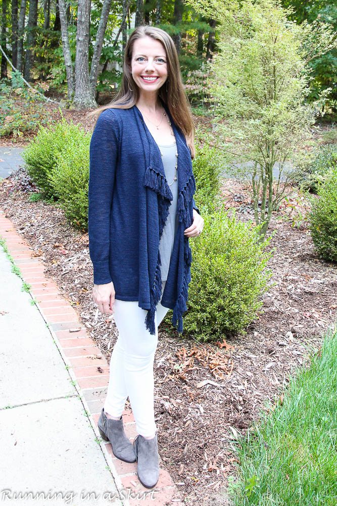 Navy Fringe Sweater / Running in a Skirt