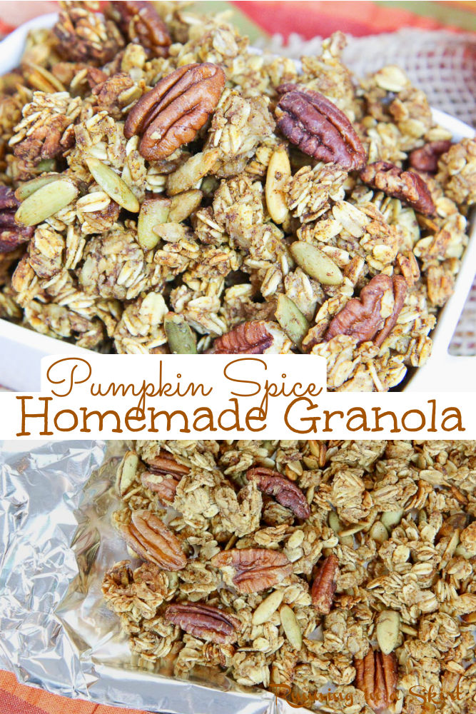 Pumpkin Spice Granola Recipe - The Best Homemade Granola made in the oven OR crock pot - slow cooker. Healthy pumpkin granola made with oatmeal, pumpkin puree, pumpkin pie spice, maple syrup or honey, pecans, and with pumpkin seeds. Clean eating and low sugar! The perfect fall snack for kids or adults. / Running in a Skirt #fall #pumpkinrecipe #pumpkinspice #slowcooker #crockpot #granola #healthyrecipe via @juliewunder