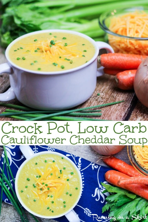 Crockpot Cauliflower Cheddar Soup recipe - healthy, keto, low carb and gluten free! A twist on baked potato soup without the potato. The perfect healthy comfort foods. Great for the slow cooker or instant pot. / Running in a Skirt #recipe #healthy #cauliflower #lowcarb #keto #greekyogurt
 via @juliewunder