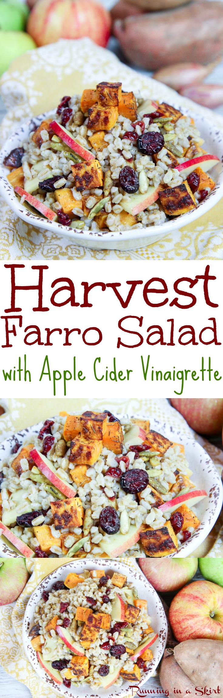 Harvest Farro Salad recipe with Apple Cider Vinaigrette. A healthy fall or winter dish. Perfect as a vegan Thanksgiving main dish or vegetarian side dish. Serve warm with roasted sweet potato, cranberry, apple and pumpkin seeds! Packed with veggies. Simple, easy and delicious. / Running in a Skirt via @juliewunder