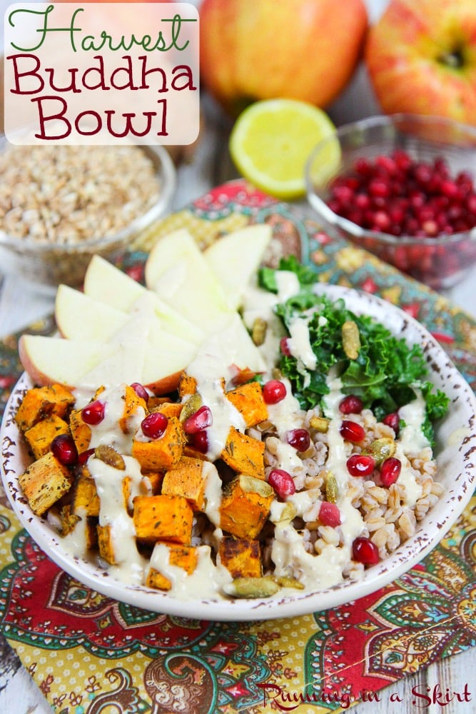 Harvest Buddha Bowl recipe with Lemon Tahini Dressing. An easy & healthy vegan / vegetarian meal for winter or fall. Perfect for lunches or dinners. Filled with sweet potato, kale, pomegranate, farro, apples and topped with tahini sauce. Clean eating, packed with veggies and so delicious. / Running in a Skirt via @juliewunder