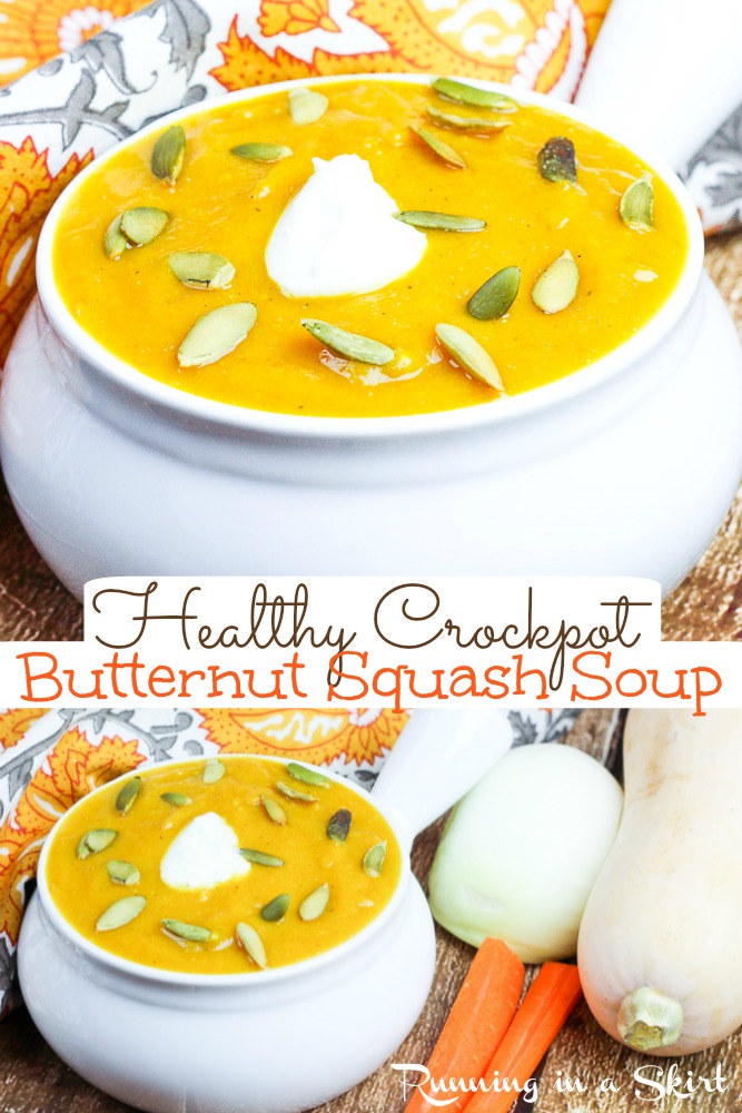 Crockpot Butternut Squash Soup recipe - this healthy and easy vegetarian slow cooker soup is rich and creamy without the fat! Made with greek yogurt but recipe includes a vegan option with coconut milk. The best homemade version like copycat Panera but better for you! / Running in a Skirt #slowcooker #crockpot #vegetariancrockpot #healthy #greekyogurt #butternutsquash via @juliewunder