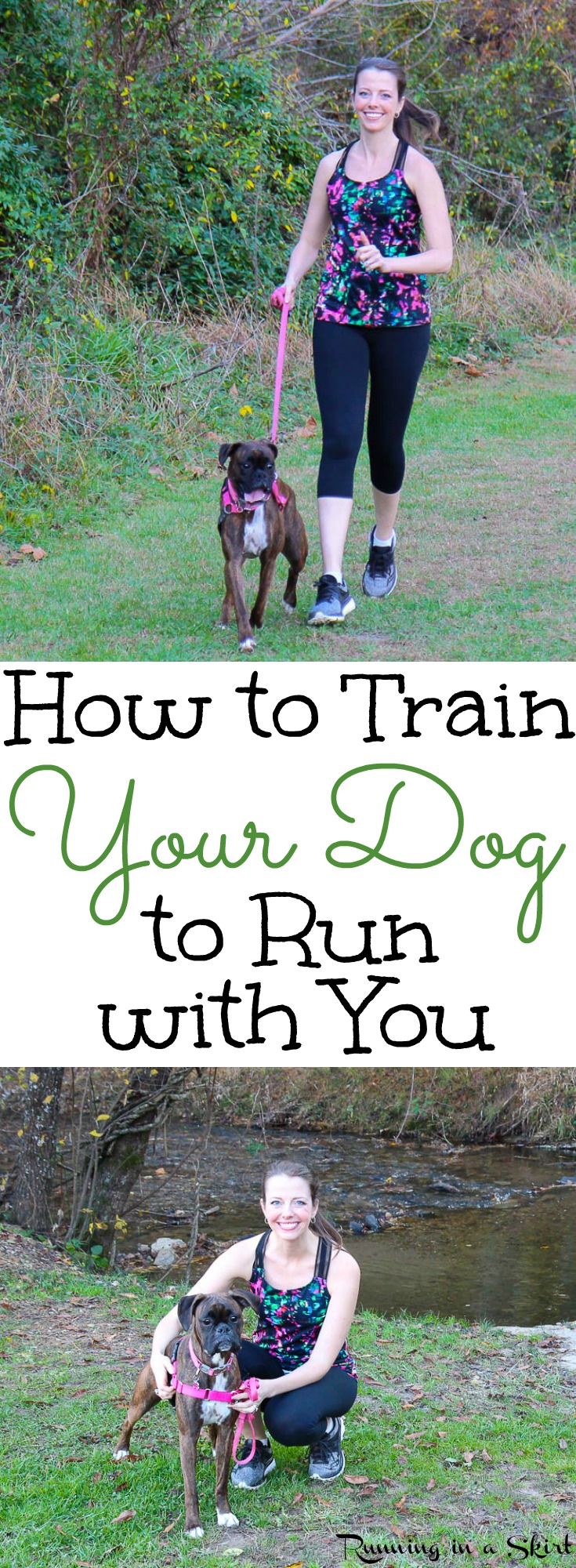 How to Train Your Dog to Run with You including fun and useful tips and training for running with your dog at any age. A great way to get healthy exercise for both  you and your pet!  Includes a how to build mileage plan./ Running in a Skirt via @juliewunder