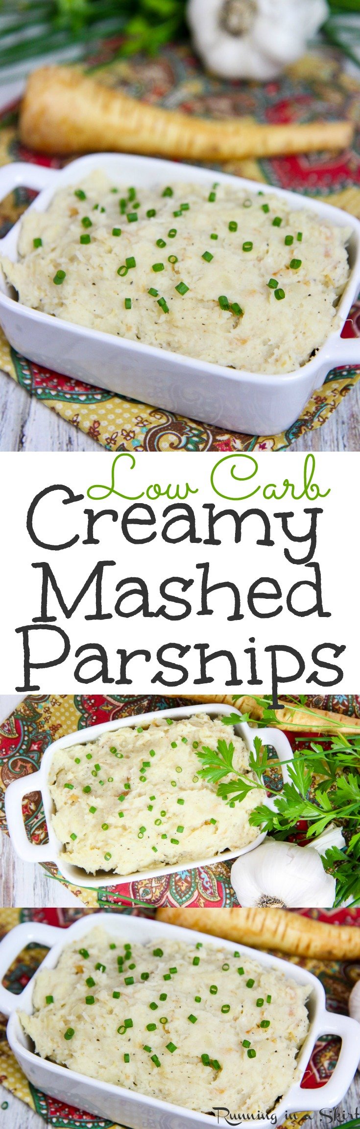 4 Ingredient Low Carb Healthy Mashed Parsnips recipe. A creamy alternative to mashed potatoes for dinners or Thanksgiving. A great use of veggies! Vegetarian & Gluten Free / Running in a Skirt via @juliewunder
