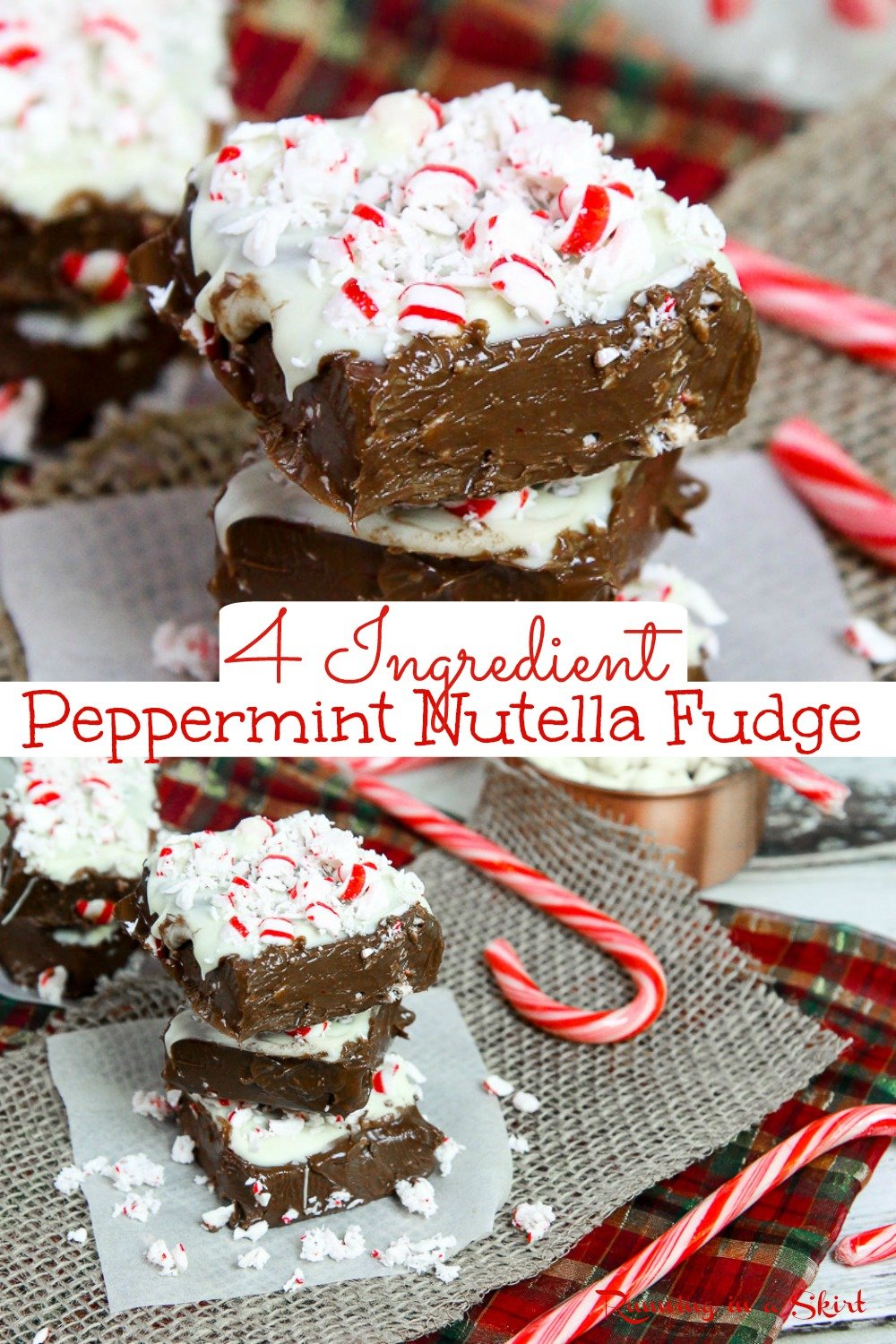Peppermint No Bake Nutella Fudge recipe - Only 4 Ingredients! An easy No Bake Peppermint Fudge with nutella, candy cane and a white chocolate layer topping. Includes how to make instructions for No Bake Fudge. Healthy swap - made with coconut oil and without condensed milk. The best holiday freezer fudge! Vegetarian, Gluten Free/ Runing in a Skirt #Christmas #fudge #peppermint #healthyliving #recipe via @juliewunder