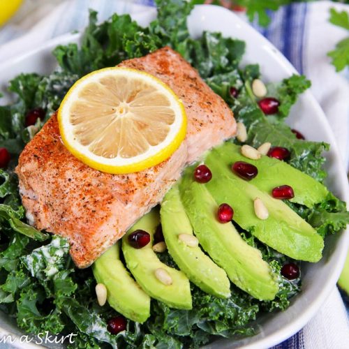 Baked Salmon Kale Salad with Tahini Dressing « Running in a Skirt