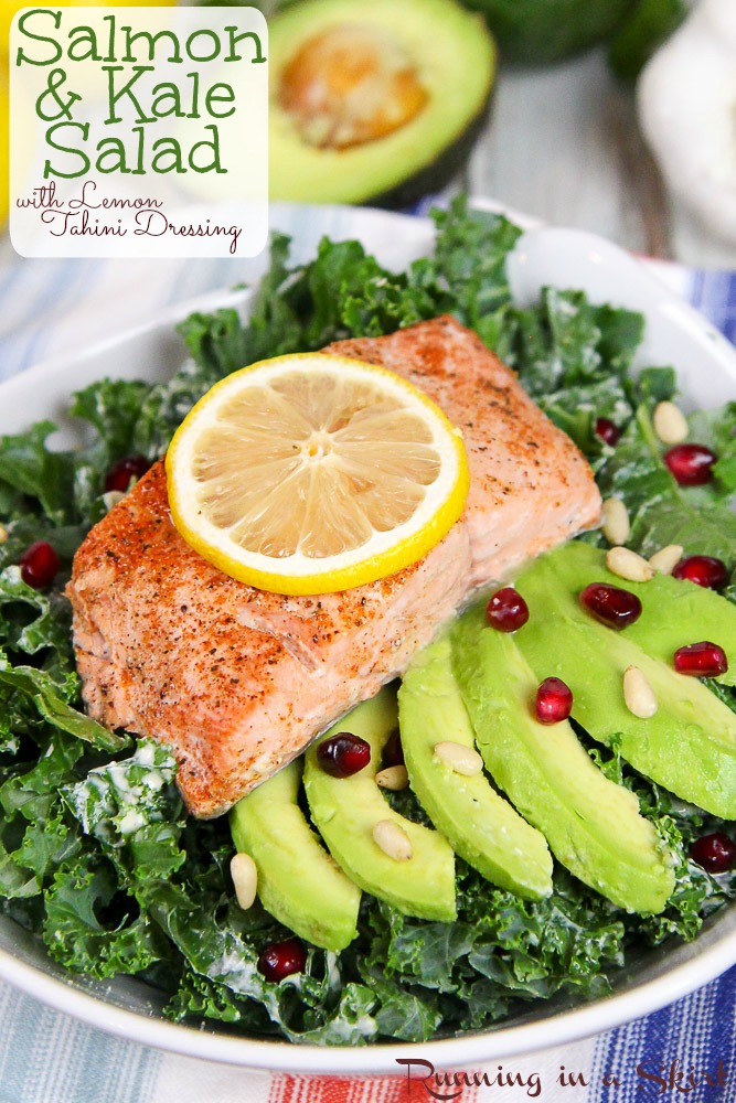 Baked Salmon Kale Salad recipe with Tahini Dressing in a bowl.