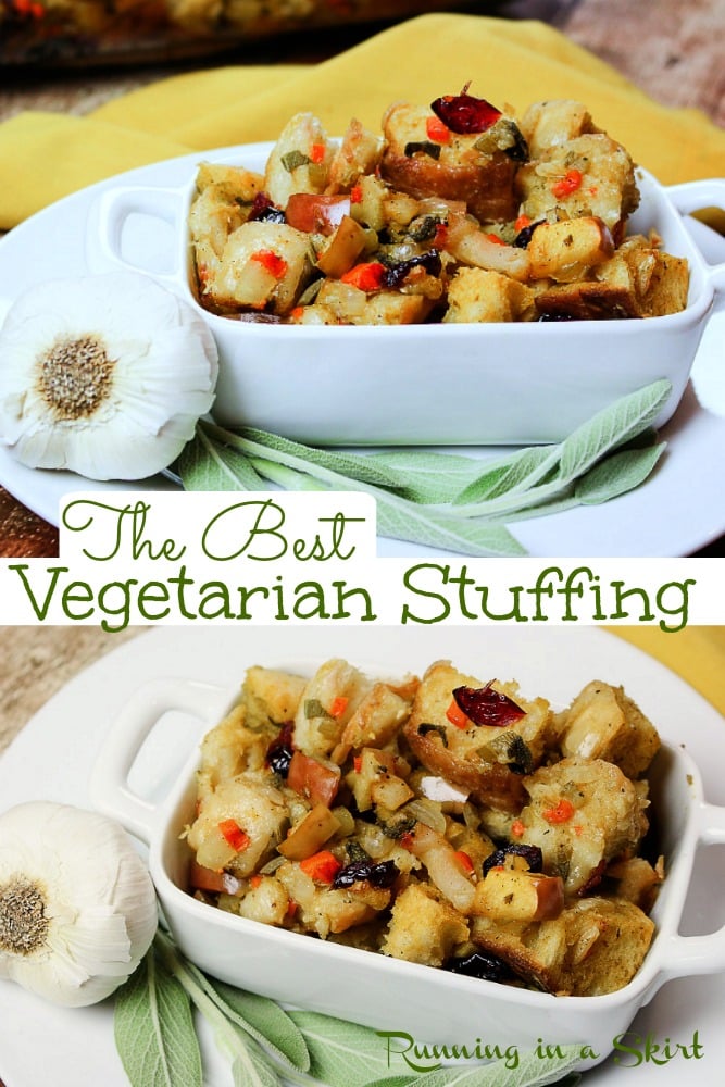 The Best Vegetarian Stuffing recipe for Thanksgiving or Christmas. Homemade Apple & Sage Vegetarian Dressing with bread, onions, carrots, celery, apples, and dried cranberries. An easy meatless holiday recipe that includes an option to make it vegan! This recipe is a tried and true family favorite loved by vegetarians and meat-eaters alike. / Running in a Skirt #thanksgiving #christmas #vegetarianthanksgiving #vegan #healthy via @juliewunder