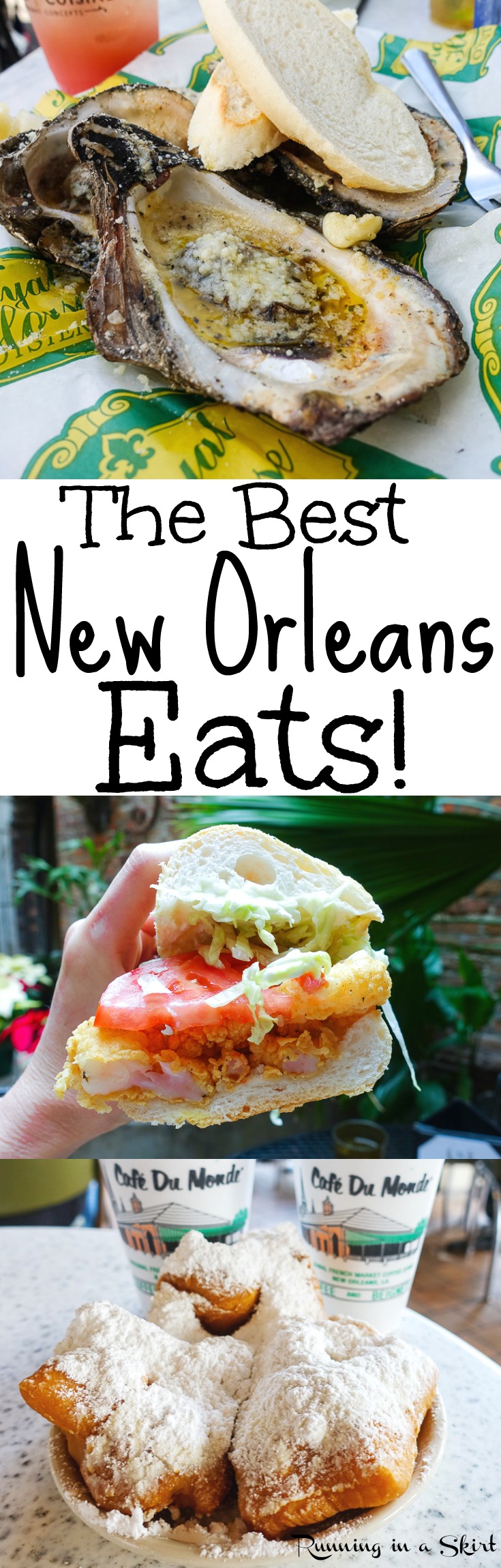 The Best New Orleans Eats & Drinks - A travel guide for the best NOLA restaurants including Cafe du Monde, beignets, po'boys, oysters, gumbo, red beans.  This is the food you have to try in Louisiana... including lots of seafood! A bucket list of places to try in the French Quarter and beyond... including breakfast, lunch and dinner./ Running in a Skirt via @juliewunder