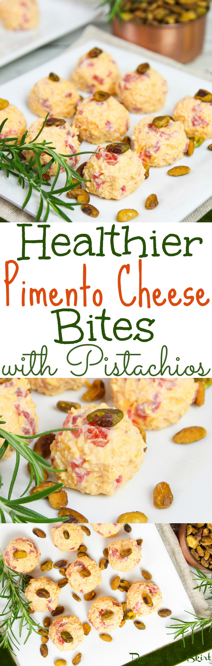 Healthier Pimento Cheese Bites recipe with Pistachios! A fun, easy and healthy Christmas appetizer idea for a party. Uses greek yogurt instead of mayonnaise. They are like fun individual cheese balls. Also great for Thanksgiving! Vegetarian & gluten free/ Running in a Skirt via @juliewunder