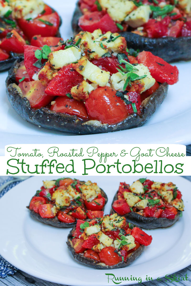 Healthy Vegetarian Stuffed Portobello Mushrooms recipe - with roasted tomato, roasted red peppers and goat cheese! Clean eating and a great option for a vegetarian main course. These caps are baked to perfection. Low Carb & Gluten free / Running in a Skirt via @juliewunder