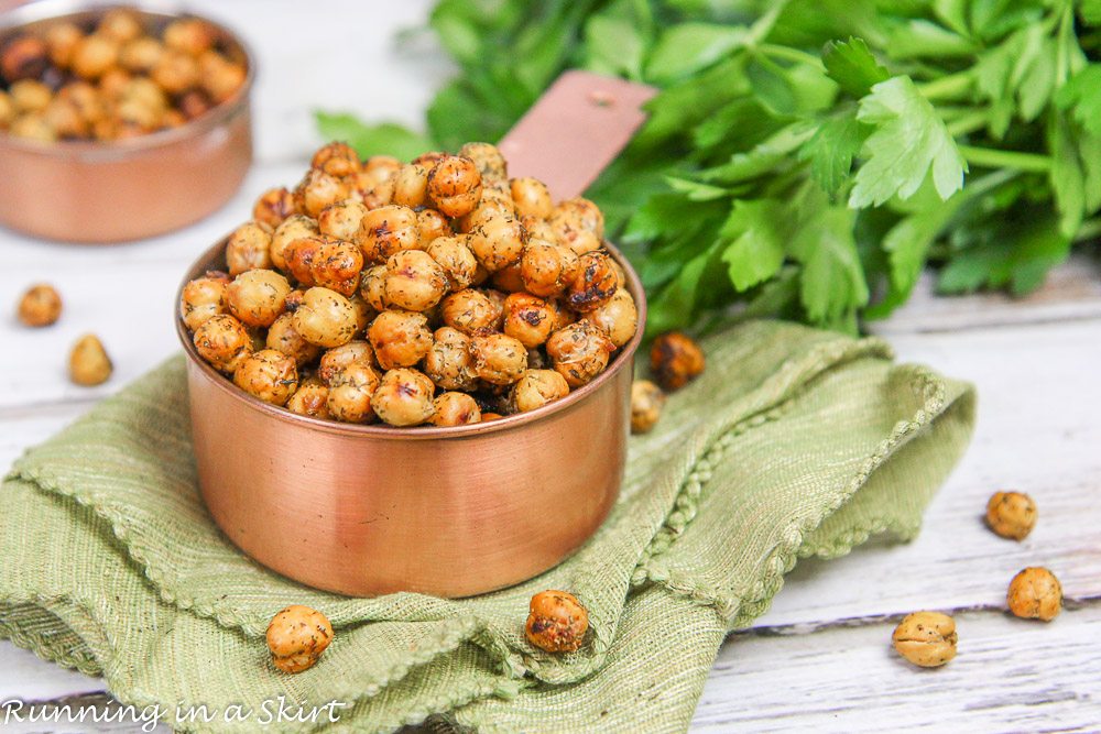 Finished product of Roasted Crispy Ranch Chickpeas recipe on a green napkin.