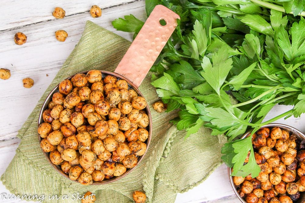 Overhead shot of chickpeas in a measuring cup.