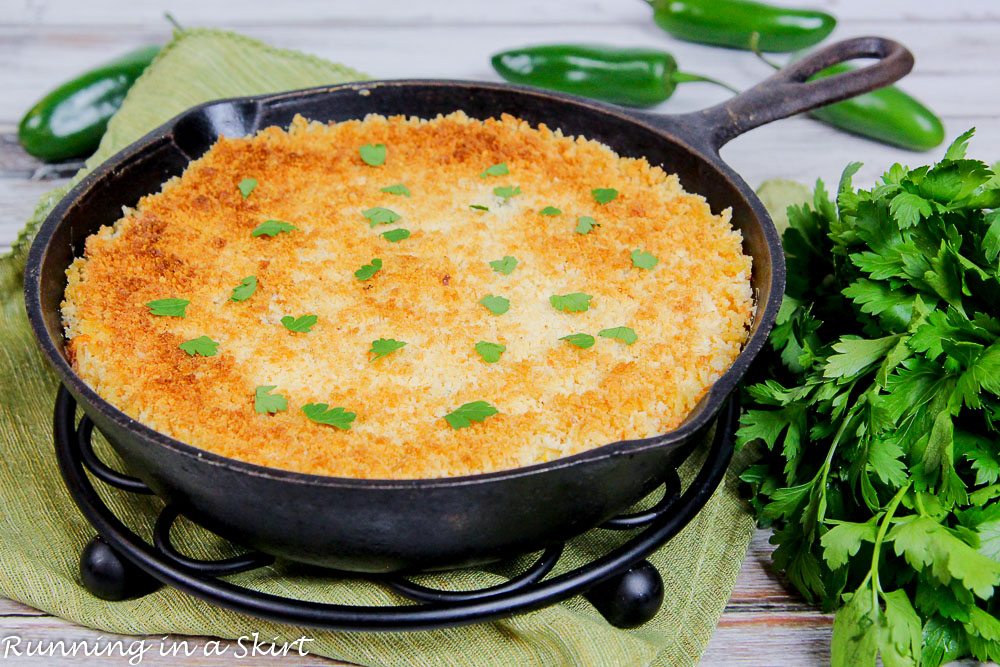 Jalapeno Popper Dip recipe in a cast iron skillet.