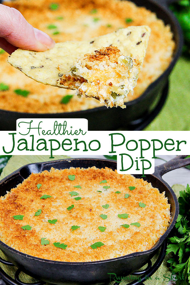 Easy Healthy Jalapeno Popper Dip recipe - with greek yogurt and with panko! The perfect appetizers for your Super Bowl party. Also uses cream cheeses and cheddar cheese - not too spicy. A great vegetarian Superbowl food! Gluten free too. / Running in a Skirt via @juliewunder