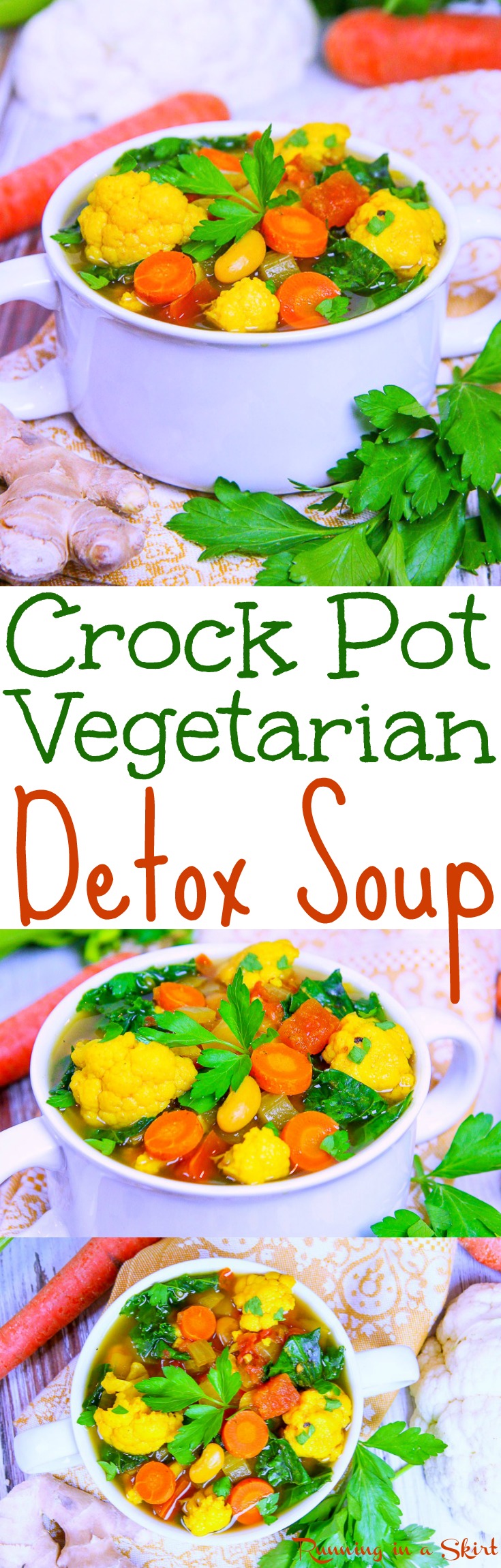 Crock Pot Vegetarian Detox Soup recipe... with ginger and turmeric - perfect immune boosting foods and anti inflammatory recipes. The best healthy vegan, gluten free, low carb and clean eating soup for weightloss and cleanses. With cauliflower, carrots, tomato and kale! Easy, simple, quick and ideal for the slow cooker or crockpot. / Running in a Skirt via @juliewunder
