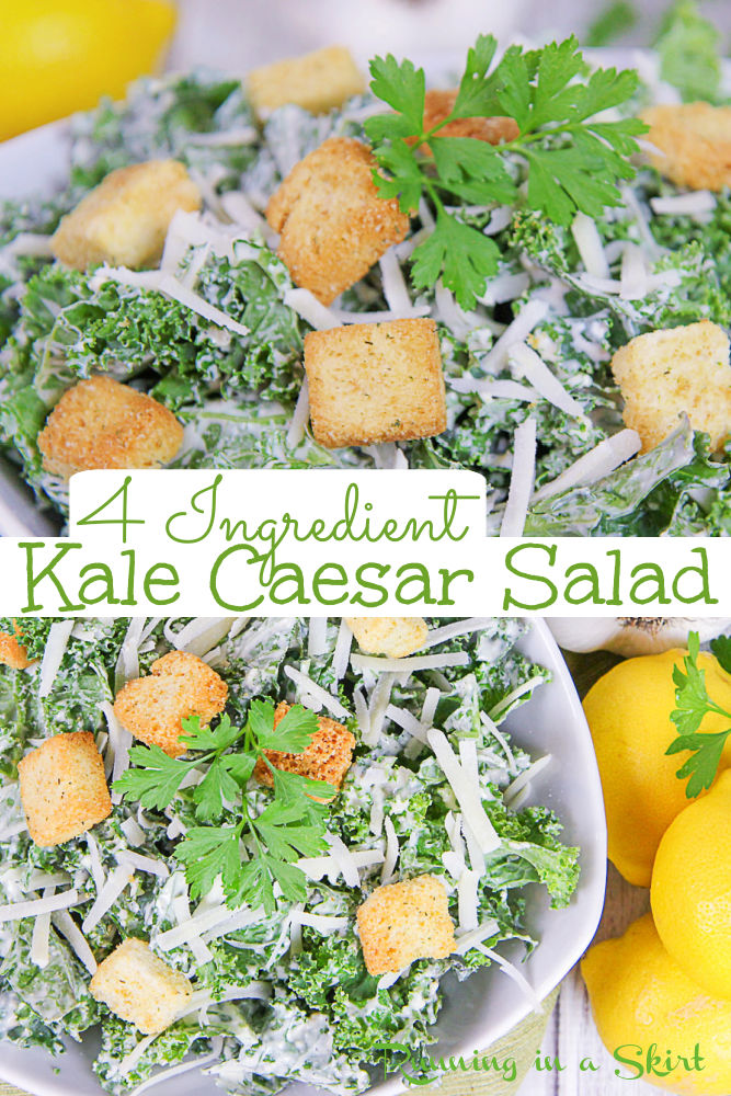 Kale Caesar Salad - Only 4 Ingredients! This easy Kale Salad is topped with croutons, parmesan cheese and a Healthy Greek Yogurt Ceasar Dressing. Made in just 10 minutes. If you are looking for the best kale salad recipes with a creamy dressing... this is it! Great for lunches or side dish. Leave vegetarian or top with shrimp, chicken or fish to complete the meal. / Running in a Skirt #vegetarian #ceasarsalad #kalesalad #kale #salad #healthyrecipes #greekyogurt via @juliewunder