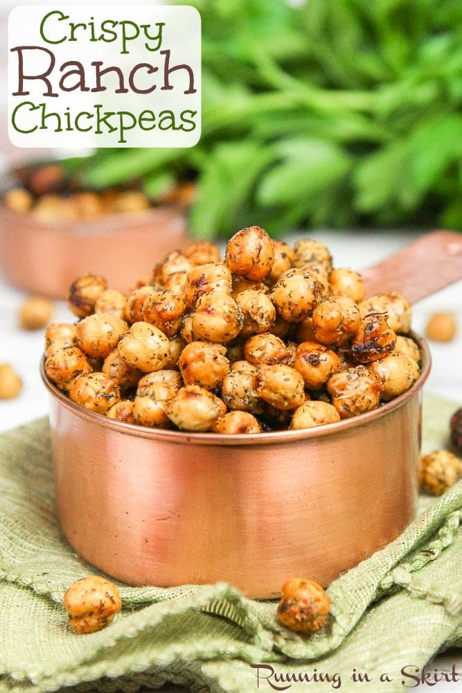 Crispy Healthy Roasted Ranch Chickpeas recipe. The perfect crunchy easy, protein packed healthy snack or use as a salad topper. Friendly for vegans, clean eating and gluten free. / Running in a Skirt via @juliewunder