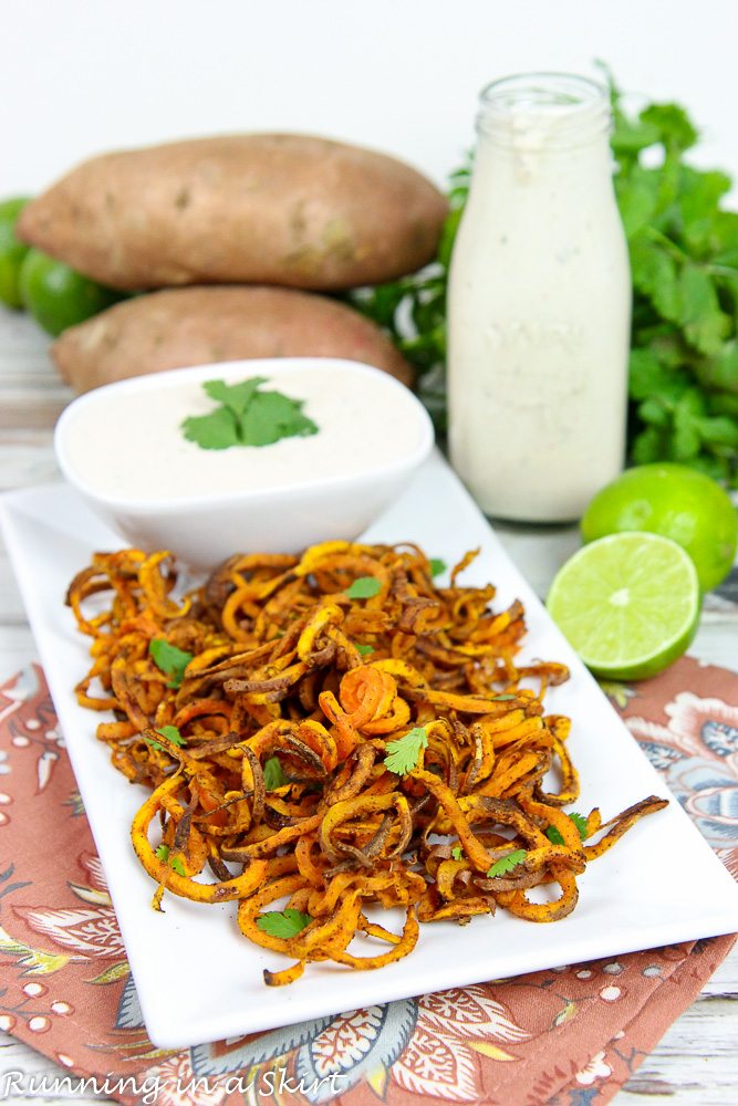 Spiralized Sweet Potato Fries with glass jar of Greek Yogurt Chipolte Ranch