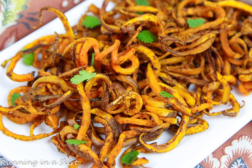 Closeup of Baked Curly Sweet Potato Fries recipe 