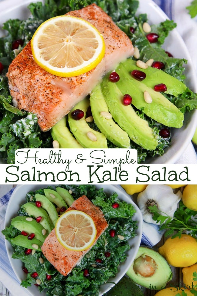 Salmon Kale Salad Recipe with Lemon Tahini Dressing. Oven baked salmon for a healthy and simple salad. Has perfectly massaged kale and superfoods like avocado and pomegranate. The BEST Kale Salad for dinner! Pescatarian, Whole 30, Clean Eating, Paleo, Dairy Free/ Running in a Skirt #pescatarian #healthy #salad #kale via @juliewunder