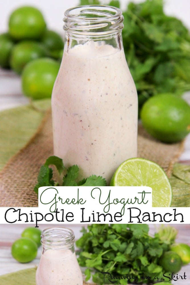 Healthy Chipotle Lime Greek Yogurt Ranch salad dressing recipe. The best easy, homemade sauce or dip for salads, burrito bowls, pasta or tacos. Gluten free, vegetarian, & low carb. / Running in a Skirt via @juliewunder