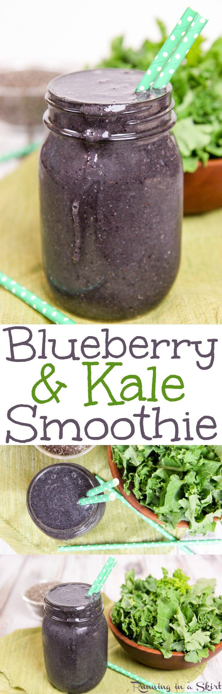 Kale and Blueberry Smoothie recipe. A sweet green smoothie with chia seeds and greens. Includes a frozen banana to make it creamy. Perfect for breakfast or a snack. Healthy, fast, vegan, gluten free and clean eating! / Running in a Skirt via @juliewunder