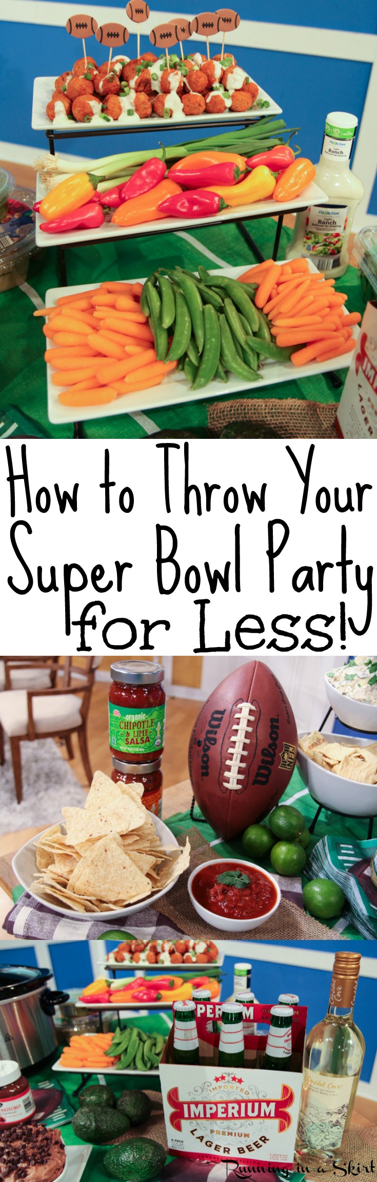 Food ideas for a Super Bowl Party on a budget.  Includes a menu with appetizers, snacks, drinks, desserts and recipes.  Healthy, gluten free and vegetarian options.  Includes the best tips for throwing your party for less. @aldiusa / Running in a Skirt via @juliewunder